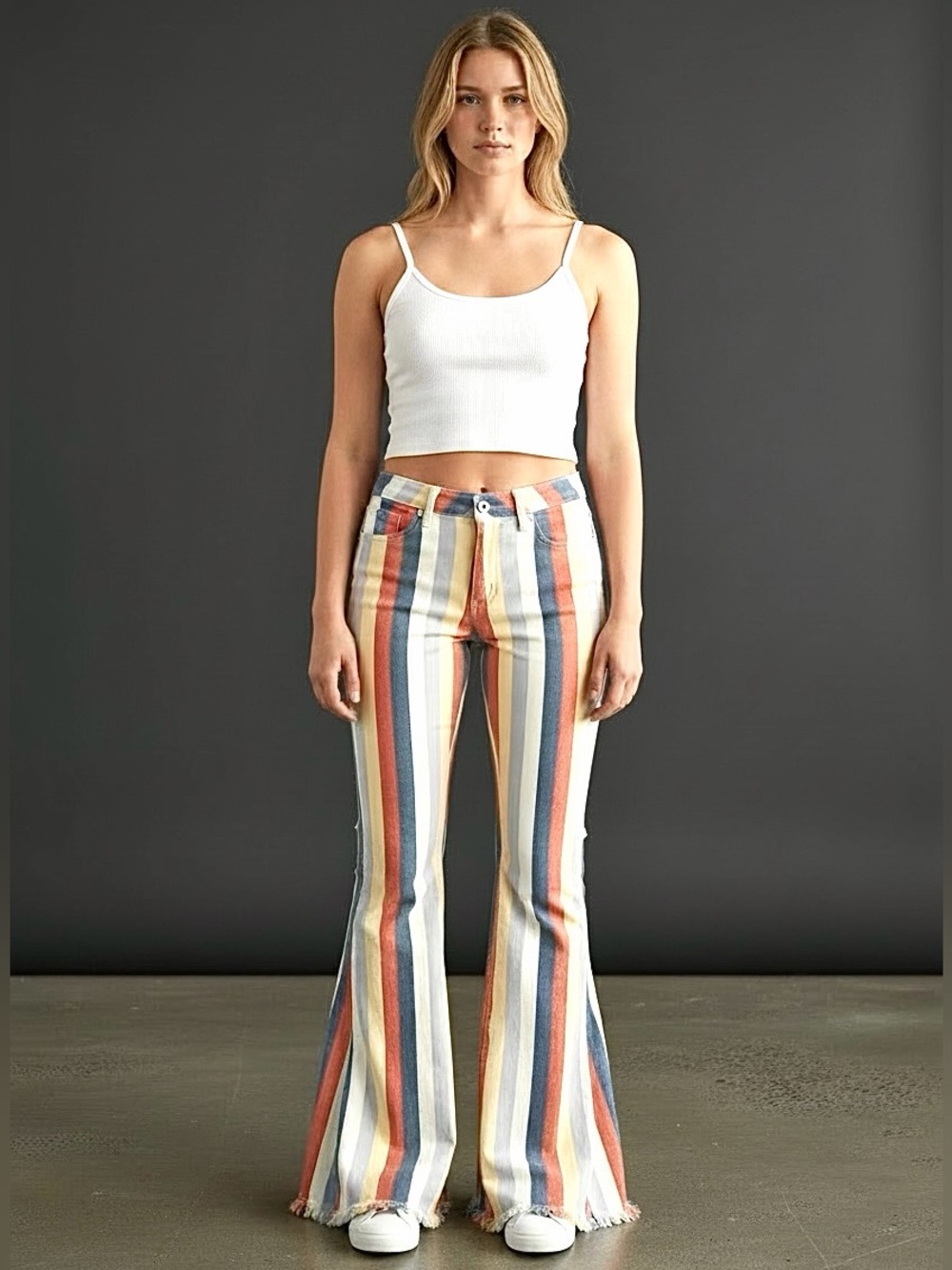 Saints & Hearts Jeans Womens Small Multicolor Stripe Mid Rise Flare Fringe Denim